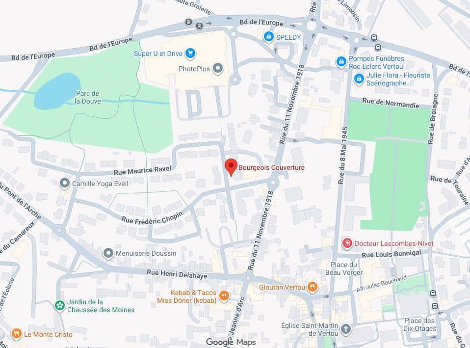 Bourgeois Couverture Vertou : Plan d'accès et localisation Carte Google Maps de Vertou localisant Bourgeois Couverture près du Parc de la Douve et Rue du 11 Novembre 1918.
