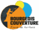 Logo Bourgeois Couverture avec un couvreur sur un toit, slogan Envie de toi-ture, motifs soleil jaune et ciel bleu.