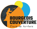 Bourgeois Couverture - Expert Couvreur et Travaux de Toiture Logo Bourgeois Couverture avec un couvreur sur un toit, slogan Envie de toi-ture, motifs soleil jaune et ciel bleu.